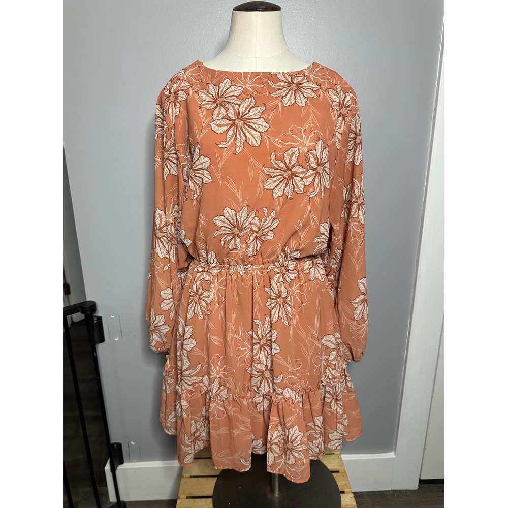 Flying Tomato Orange Floral Long Sleeve Mini Dress Boho Ruffle Hem Keyhole Large